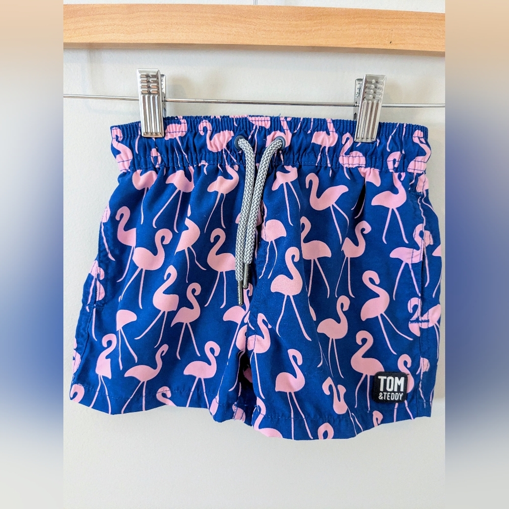 Tom & Teddy Flamingo Swim Trunks Boys Size 2T Blue Beach Resort Vacation NWT